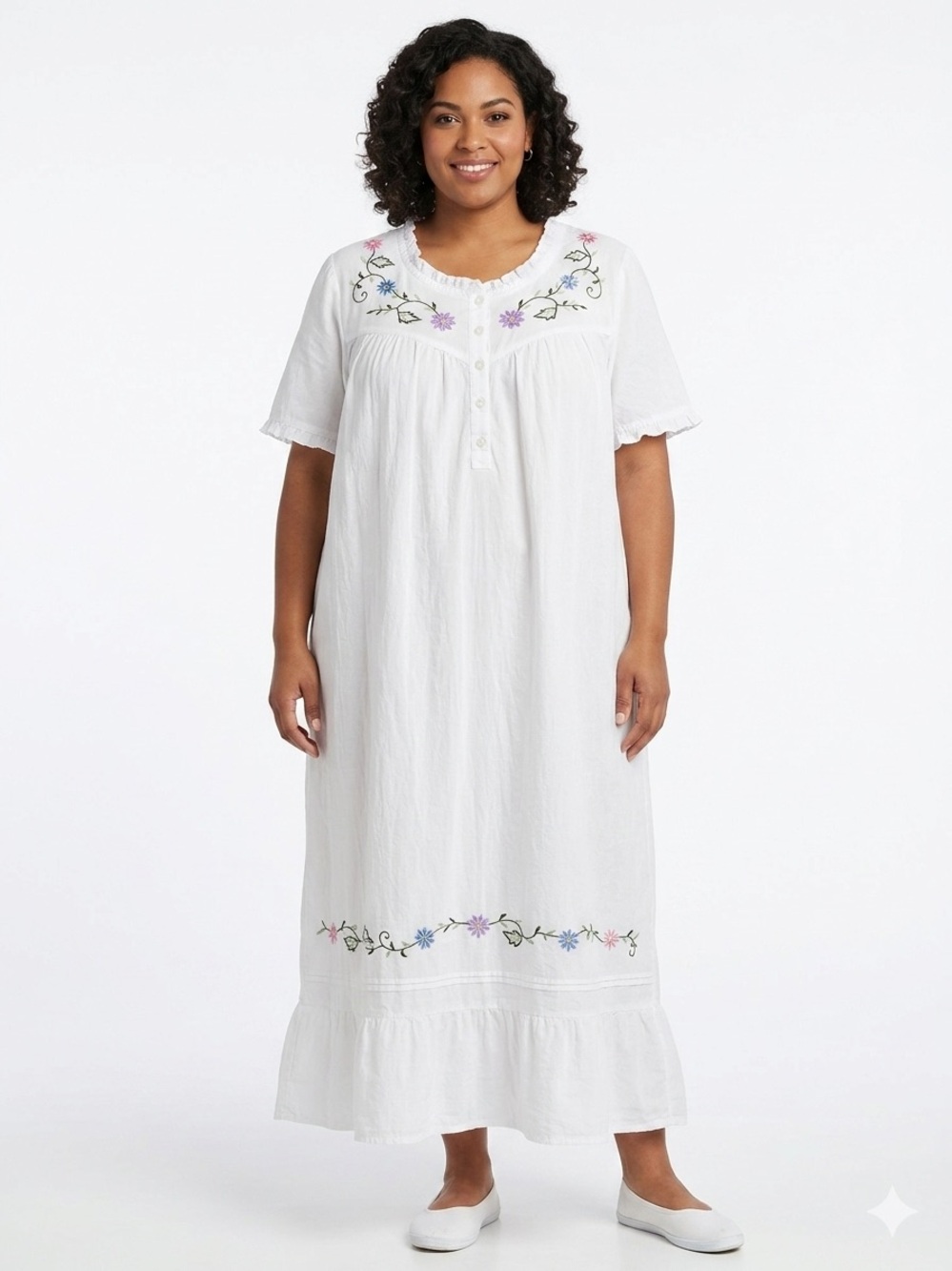 Vintage Gold Coast White Floral Embroidered Cotton Nightgown Mumu House Dress 1X